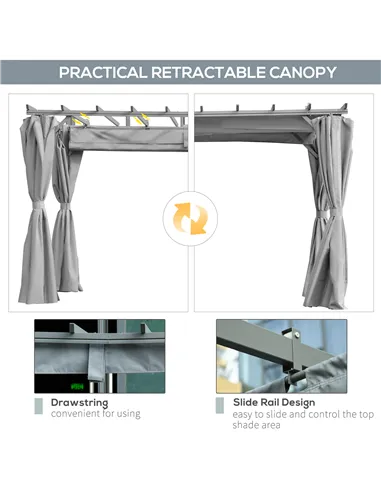 Outsunny 3.6 x 3(m) Outdoor Pergola with Retractable Roof and Curtains, Garden Gazebo Canopy Sun Shade Shelter with Aluminum Fra
