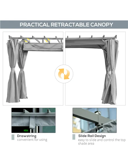 Outsunny 3.6 x 3(m) Outdoor Pergola with Retractable Roof and Curtains, Garden Gazebo Canopy Sun Shade Shelter with Aluminum Fra