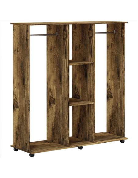 HOMCOM Open Wardrobe Double Mobile Storage Shelves Organizer W/6 Wheels-Rustic Brown