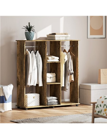 HOMCOM Open Wardrobe Double Mobile Storage Shelves Organizer W/6 Wheels-Rustic Brown