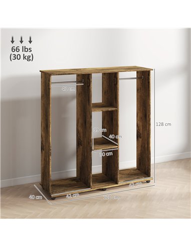 HOMCOM Open Wardrobe Double Mobile Storage Shelves Organizer W/6 Wheels-Rustic Brown
