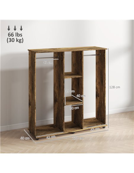 HOMCOM Open Wardrobe Double Mobile Storage Shelves Organizer W/6 Wheels-Rustic Brown
