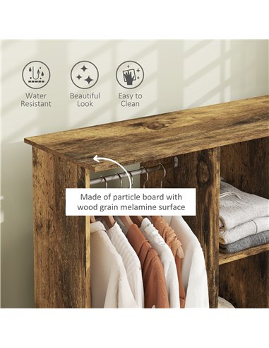 HOMCOM Open Wardrobe Double Mobile Storage Shelves Organizer W/6 Wheels-Rustic Brown