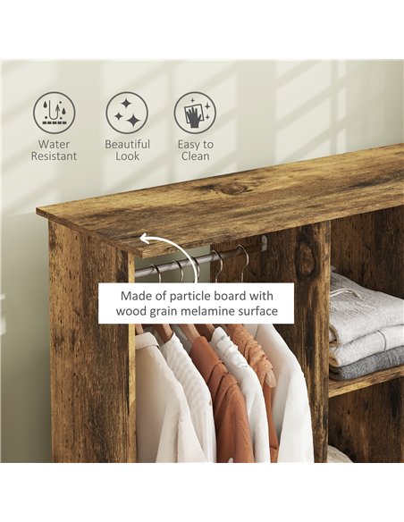 HOMCOM Open Wardrobe Double Mobile Storage Shelves Organizer W/6 Wheels-Rustic Brown