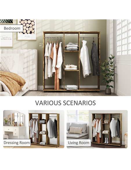 HOMCOM Open Wardrobe Double Mobile Storage Shelves Organizer W/6 Wheels-Rustic Brown