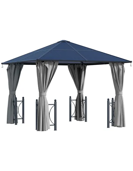 Outsunny 3 x 3(m) Hardtop Gazebo Canopy with Polycarbonate Roof, Steel & Aluminium Frame, Garden Pavilion with Mosquito Netting 