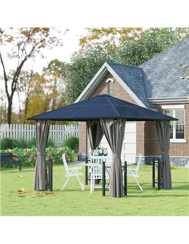 Outsunny 3 x 3(m) Hardtop Gazebo Canopy with Polycarbonate Roof, Steel & Aluminium Frame, Garden Pavilion with Mosquito Netting 