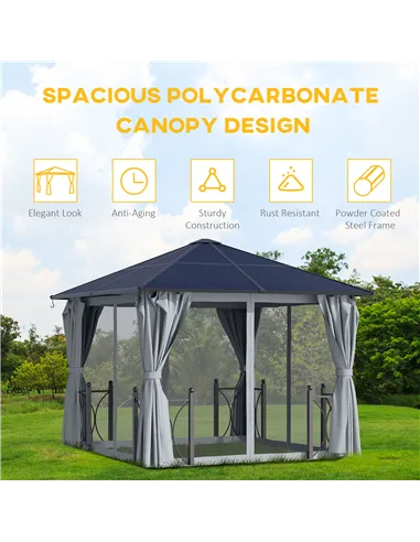 Outsunny 3 x 3(m) Hardtop Gazebo Canopy with Polycarbonate Roof, Steel & Aluminium Frame, Garden Pavilion with Mosquito Netting 