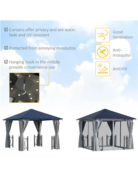 Outsunny 3 x 3(m) Hardtop Gazebo Canopy with Polycarbonate Roof, Steel & Aluminium Frame, Garden Pavilion with Mosquito Netting 