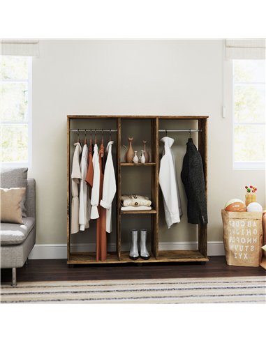 HOMCOM Open Wardrobe Double Mobile Storage Shelves Organizer W/6 Wheels-Rustic Brown