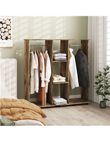 HOMCOM Open Wardrobe Double Mobile Storage Shelves Organizer W/6 Wheels-Rustic Brown