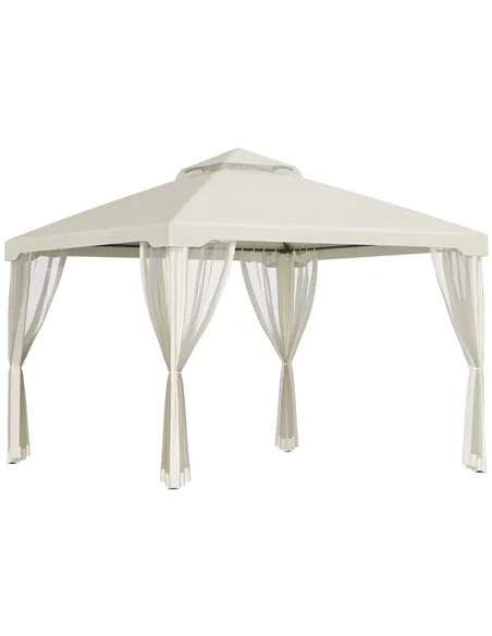 Outsunny 3 x 3 m Metal Gazebo, Garden Pavillion, Double Roof Outdoor Canopy Shelter with Mesh Sidewalls, Cream White