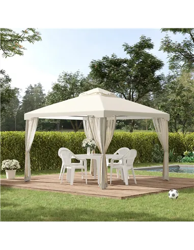 Outsunny 3 x 3 m Metal Gazebo, Garden Pavillion, Double Roof Outdoor Canopy Shelter with Mesh Sidewalls, Cream White