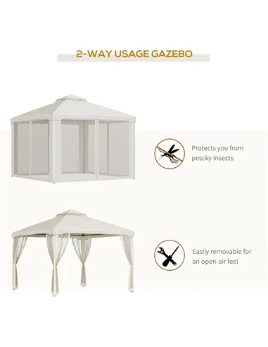 Outsunny 3 x 3 m Metal Gazebo, Garden Pavillion, Double Roof Outdoor Canopy Shelter with Mesh Sidewalls, Cream White