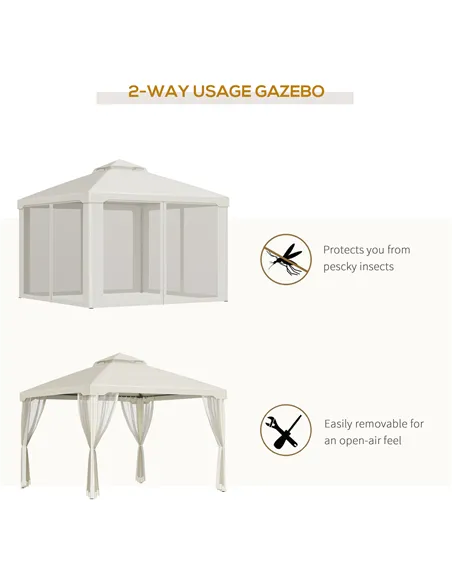 Outsunny 3 x 3 m Metal Gazebo, Garden Pavillion, Double Roof Outdoor Canopy Shelter with Mesh Sidewalls, Cream White