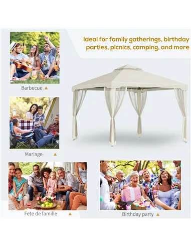 Outsunny 3 x 3 m Metal Gazebo, Garden Pavillion, Double Roof Outdoor Canopy Shelter with Mesh Sidewalls, Cream White
