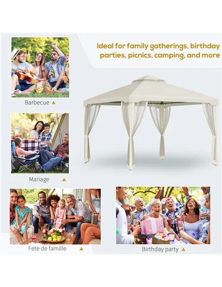 Outsunny 3 x 3 m Metal Gazebo, Garden Pavillion, Double Roof Outdoor Canopy Shelter with Mesh Sidewalls, Cream White