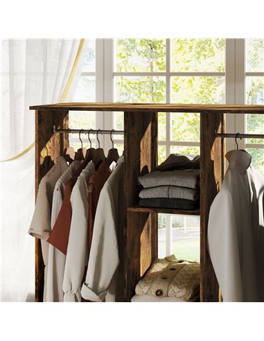 HOMCOM Open Wardrobe Double Mobile Storage Shelves Organizer W/6 Wheels-Rustic Brown