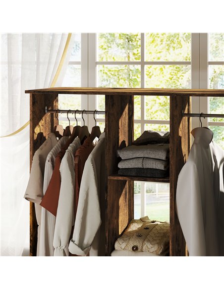 HOMCOM Open Wardrobe Double Mobile Storage Shelves Organizer W/6 Wheels-Rustic Brown