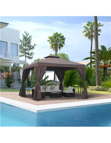 Outsunny 3 x 3 m Garden Gazebo Double Roof Marquee Patio Wedding Party Tent Canopy Shelter with Sidewalls (Brown)