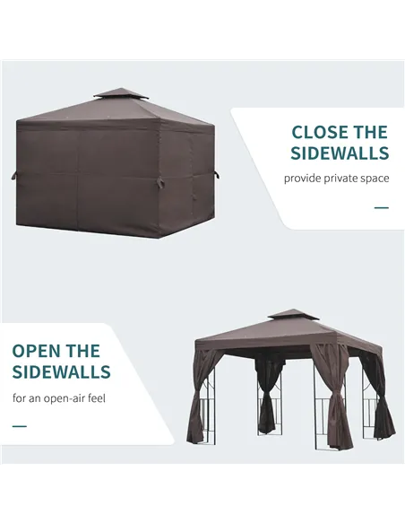 Outsunny 3 x 3 m Garden Gazebo Double Roof Marquee Patio Wedding Party Tent Canopy Shelter with Sidewalls (Brown)