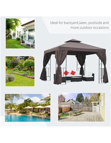 Outsunny 3 x 3 m Garden Gazebo Double Roof Marquee Patio Wedding Party Tent Canopy Shelter with Sidewalls (Brown)