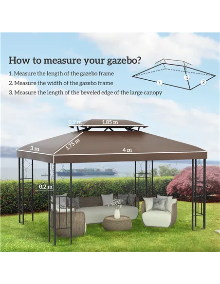 Outsunny 3x4m Gazebo Replacement Roof Canopy 2 Tier Top UV Cover Garden Patio Outdoor Sun Awning Shelters, Brown  (TOP COVER ONL