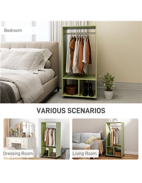 HOMCOM Open Wardrobe on Wheels, Bedroom Wardrobe with Clothes Hanging Rail, 2 Storage Shelves, Mobile Garment Rack for Cloakroom
