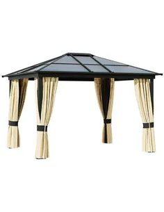 Outsunny 3 x 3.6m Polycarbonate Hardtop Gazebo with LED Solar Light and Aluminium Frame, Garden Pavilion with Mosquito Netting a