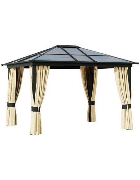 Outsunny 3 x 3.6m Polycarbonate Hardtop Gazebo with LED Solar Light and Aluminium Frame, Garden Pavilion with Mosquito Netting a