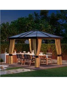 Outsunny 3 x 3.6m Polycarbonate Hardtop Gazebo with LED Solar Light and Aluminium Frame, Garden Pavilion with Mosquito Netting a 2