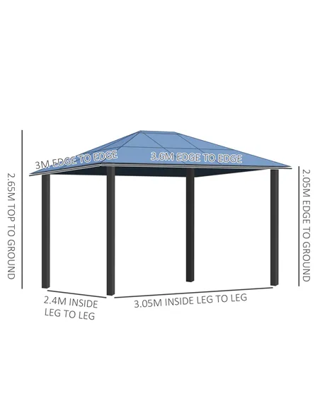Outsunny 3 x 3.6m Polycarbonate Hardtop Gazebo with LED Solar Light and Aluminium Frame, Garden Pavilion with Mosquito Netting a