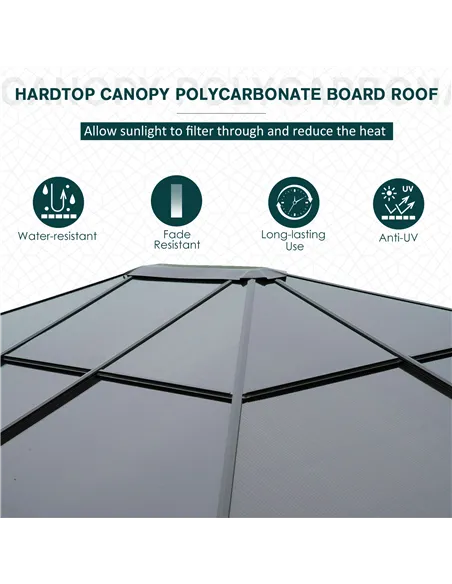 Outsunny 3 x 3.6m Polycarbonate Hardtop Gazebo with LED Solar Light and Aluminium Frame, Garden Pavilion with Mosquito Netting a