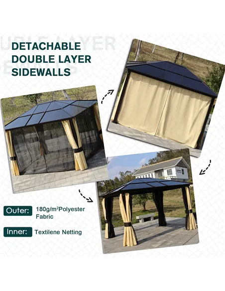 Outsunny 3 x 3.6m Polycarbonate Hardtop Gazebo with LED Solar Light and Aluminium Frame, Garden Pavilion with Mosquito Netting a