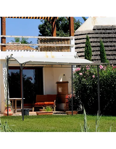 Outsunny 3 x 2.5m Patio Metal Gazebo Door Window Awning Wall Mount Canopy Outdoor Sunshade with Extended Shelter Cream White