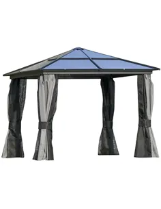 Outsunny 3 x 3(m) Hardtop Gazebo Canopy with Polycarbonate Roof, Aluminium Frame, Permanent Pavilion Garden Gazebo with Netting 