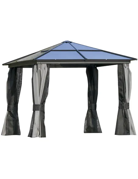 Outsunny 3 x 3(m) Hardtop Gazebo Canopy with Polycarbonate Roof, Aluminium Frame, Permanent Pavilion Garden Gazebo with Netting 