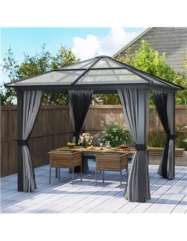 Outsunny 3 x 3(m) Hardtop Gazebo Canopy with Polycarbonate Roof, Aluminium Frame, Permanent Pavilion Garden Gazebo with Netting 