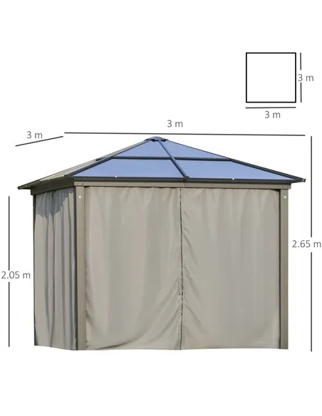 Outsunny 3 x 3(m) Hardtop Gazebo Canopy with Polycarbonate Roof, Aluminium Frame, Permanent Pavilion Garden Gazebo with Netting 