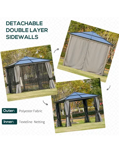 Outsunny 3 x 3(m) Hardtop Gazebo Canopy with Polycarbonate Roof, Aluminium Frame, Permanent Pavilion Garden Gazebo with Netting 