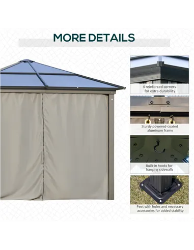 Outsunny 3 x 3(m) Hardtop Gazebo Canopy with Polycarbonate Roof, Aluminium Frame, Permanent Pavilion Garden Gazebo with Netting 