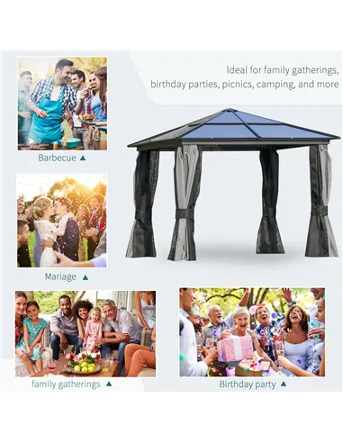 Outsunny 3 x 3(m) Hardtop Gazebo Canopy with Polycarbonate Roof, Aluminium Frame, Permanent Pavilion Garden Gazebo with Netting 