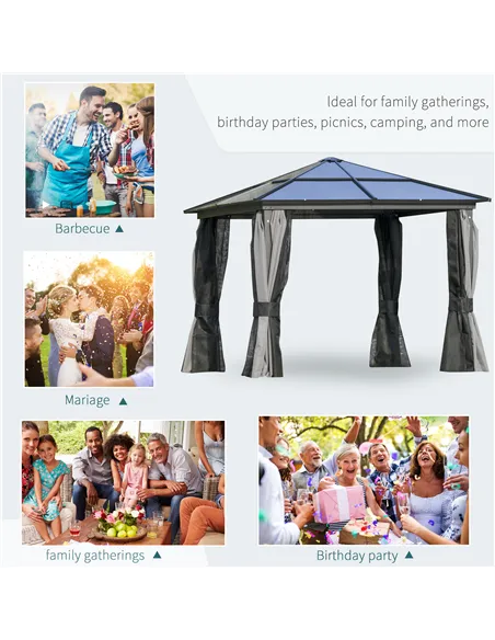 Outsunny 3 x 3(m) Hardtop Gazebo Canopy with Polycarbonate Roof, Aluminium Frame, Permanent Pavilion Garden Gazebo with Netting 