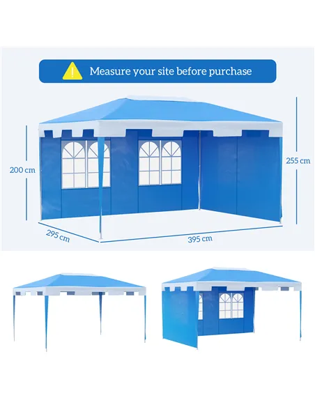 Outsunny 3 x 4 m Garden Gazebo Shelter Marquee Party Tent with 2 Sidewalls for Patio Yard Outdoor, Blue