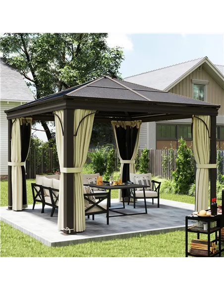 Outsunny 3x3 m Gazebo W/Mosquito Net-Brown/Black/Beige