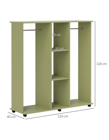 HOMCOM Open Wardrobe Double Mobile Storage Shelves Organizer W/6 Wheels-Green