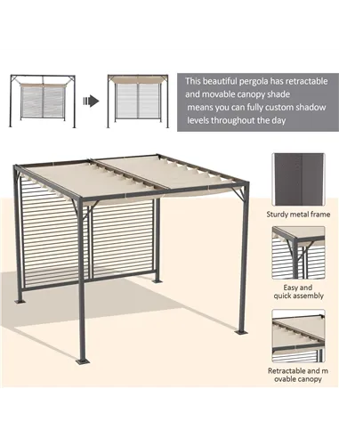 Outsunny 3 x 2.8m Metal Pergola, with Retractable Fabric Roof - Beige