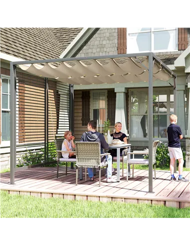 Outsunny 3 x 2.8m Metal Pergola, with Retractable Fabric Roof - Beige