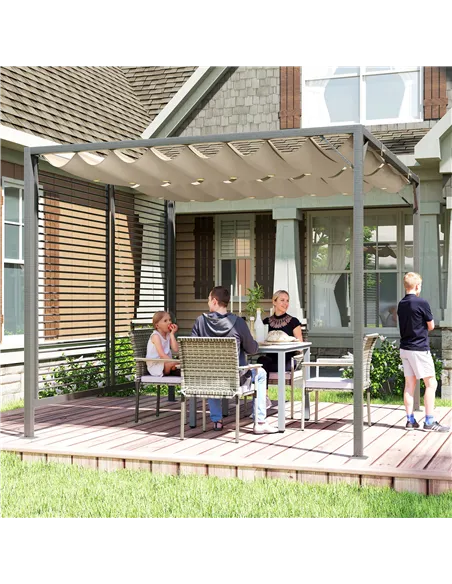 Outsunny 3 x 2.8m Metal Pergola, with Retractable Fabric Roof - Beige