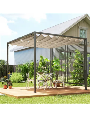 Outsunny 3 x 2.8m Metal Pergola, with Retractable Fabric Roof - Beige